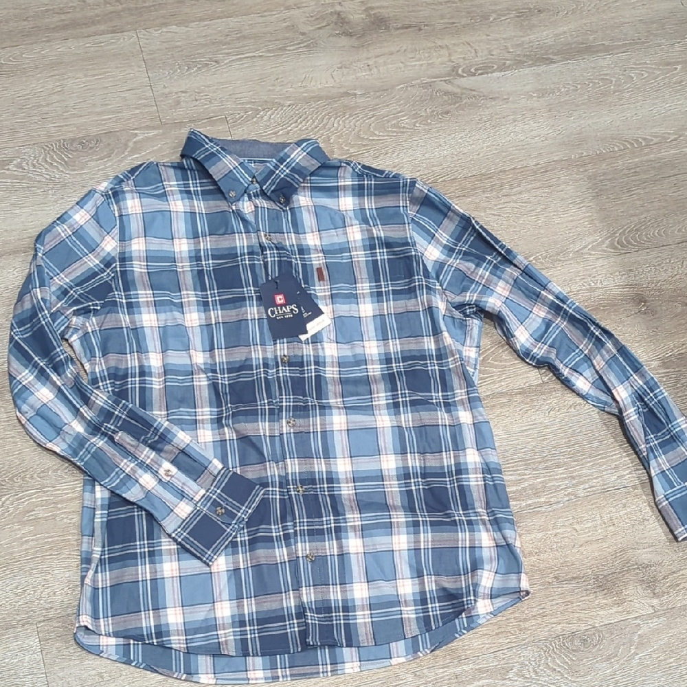 Chaps Men's Blue and White Plaid Dress Shirt, XL. NWT